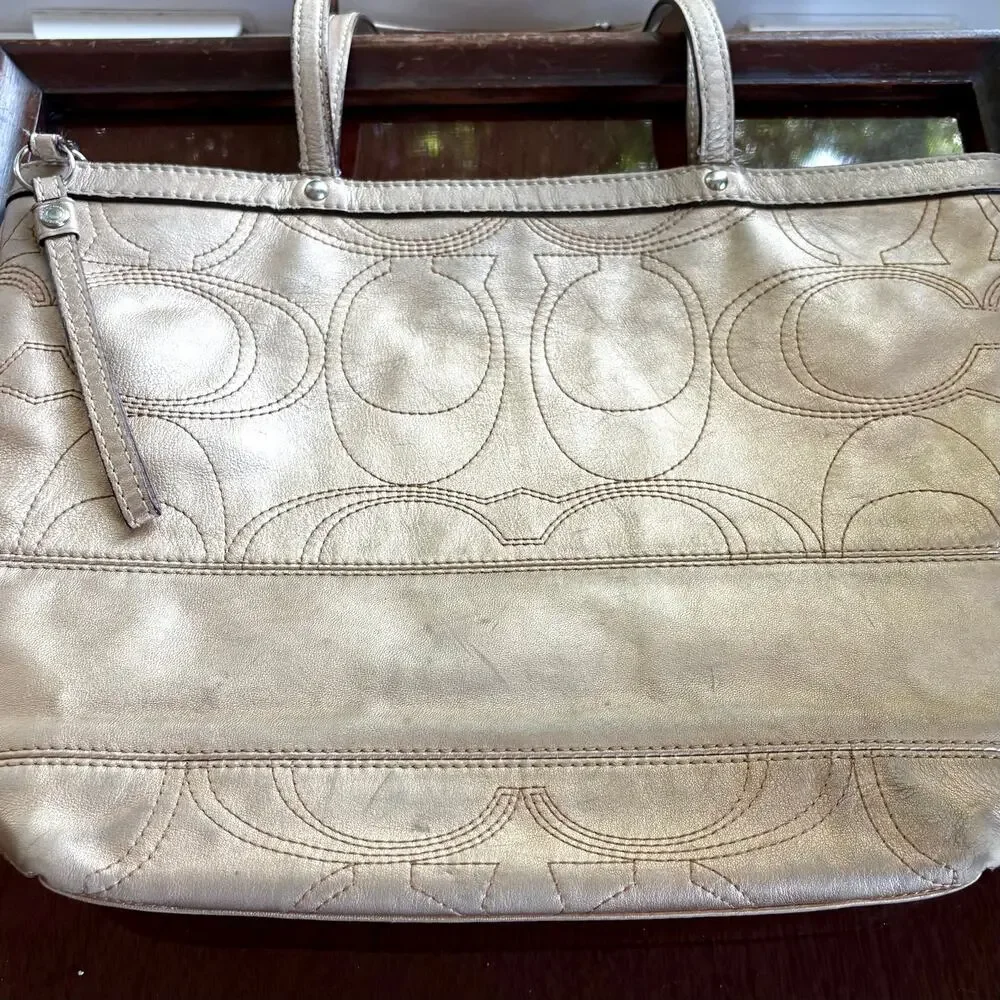 Coach F18877 Gold Metallic Signature Stitch Leather Tote 2011